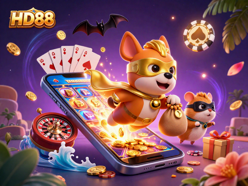 Experience thrilling gambling with HD88 as superhero dog collects coins amidst exciting games and colorful slots.
