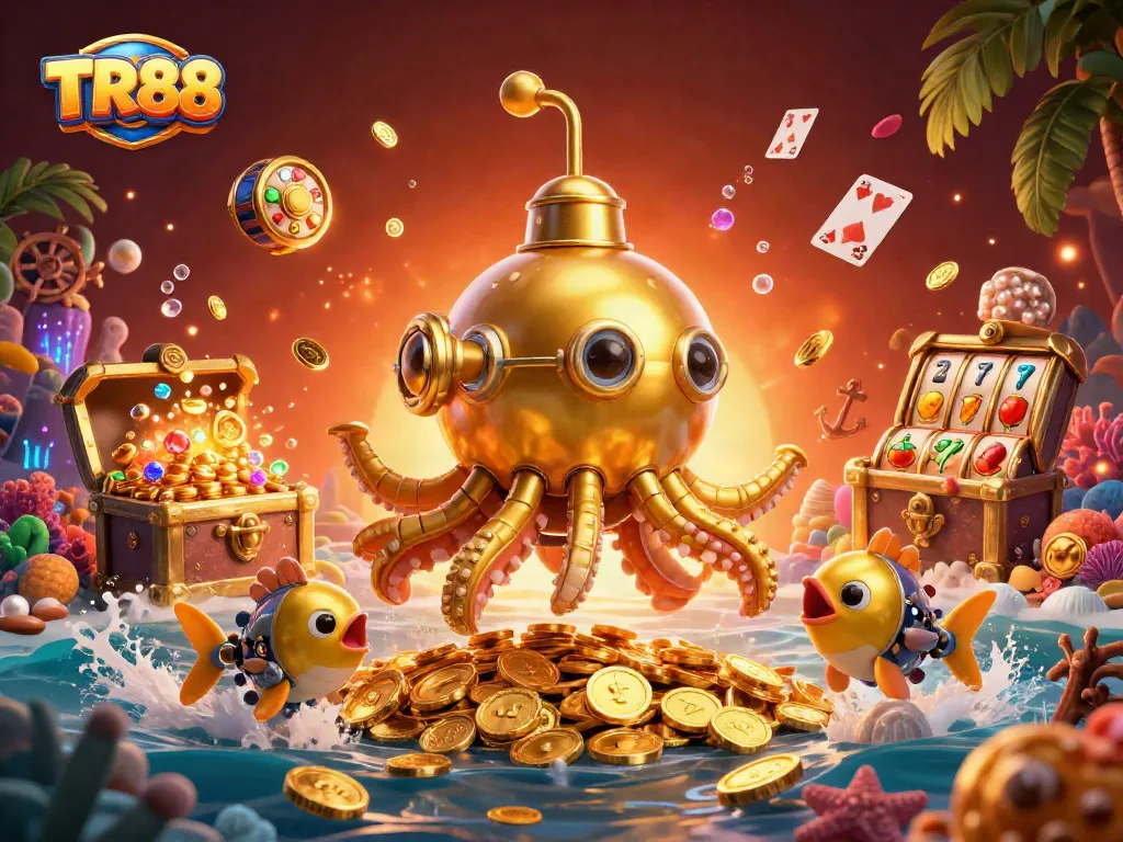 Experience TR88's thrilling casino adventure with a vibrant 3D illustration of a golden kraken submarine.