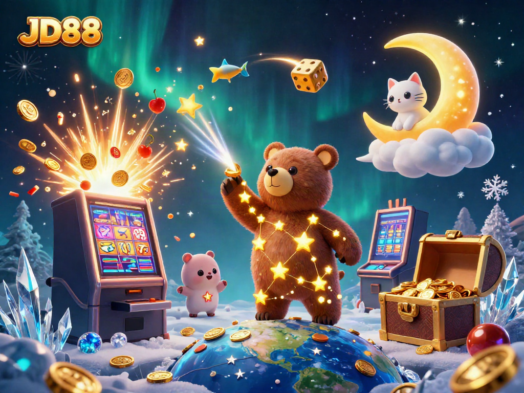 Engage with JD88's thrilling casino experience featuring a constellation bear and vibrant game elements.