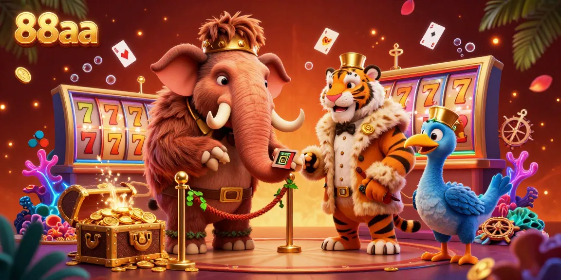 Experience the vibrant atmosphere of 88aa with a lively 3D scene featuring casino characters, gaming elements, and rich colors.