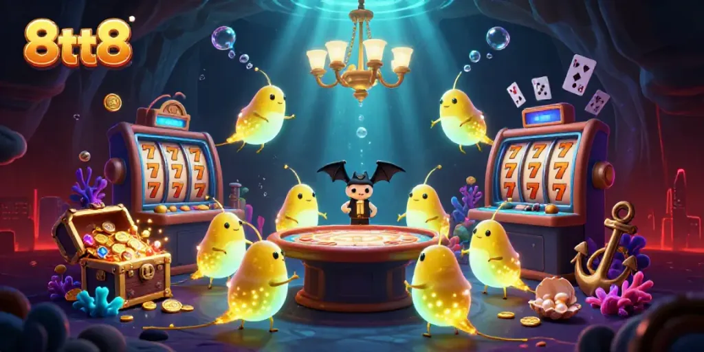 Interact with 8tt8's vibrant glowworm casino scene showcasing spinning slot reels and celebrating joyous wins.