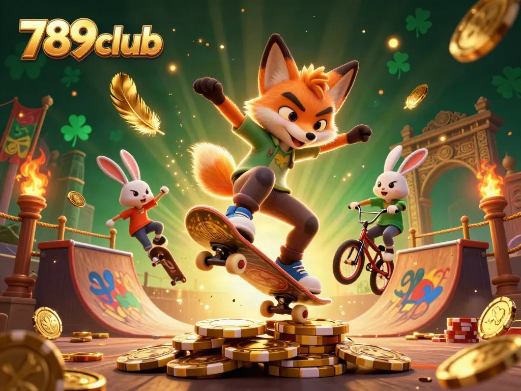 Play exciting games with 789club, featuring dynamic scenes of cartoon characters in an energetic casino setting.