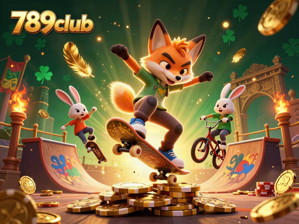Play exciting games with 789club, featuring dynamic scenes of cartoon characters in an energetic casino setting.