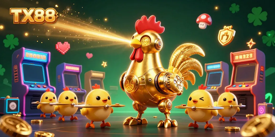 Engage in gaming action with TX88 through a whimsical 3D scene featuring a golden robot and baby drones.