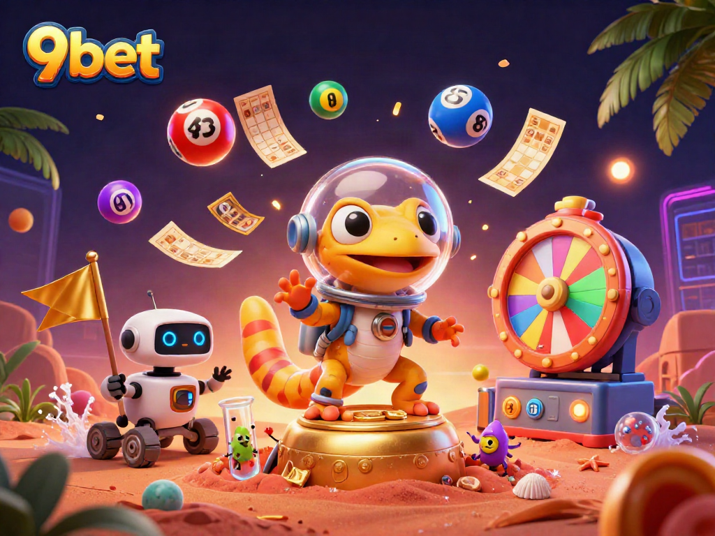 9bet celebrates thrilling casino moments with Martian gecko and robotic companion in a vibrant, dynamic setting.