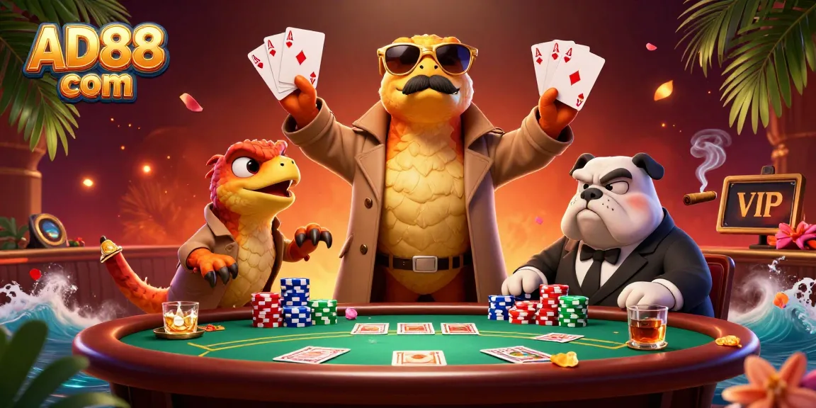 Experience excitement at AD88 com with playful raptors and a bouncer in a vibrant casino scene.