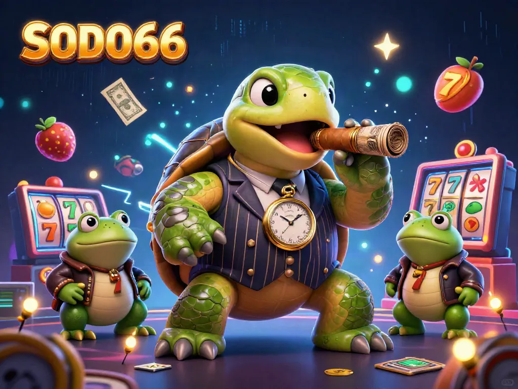 Experience the vibrant world of SODO66 with a dynamic 3D cartoon scene featuring a mobster turtle and lucky fruits.