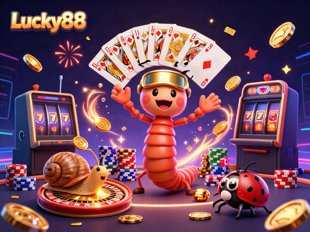 Engage with Lucky88 as a millipede dealer shuffles cards excitedly surrounded by vibrant casino elements.