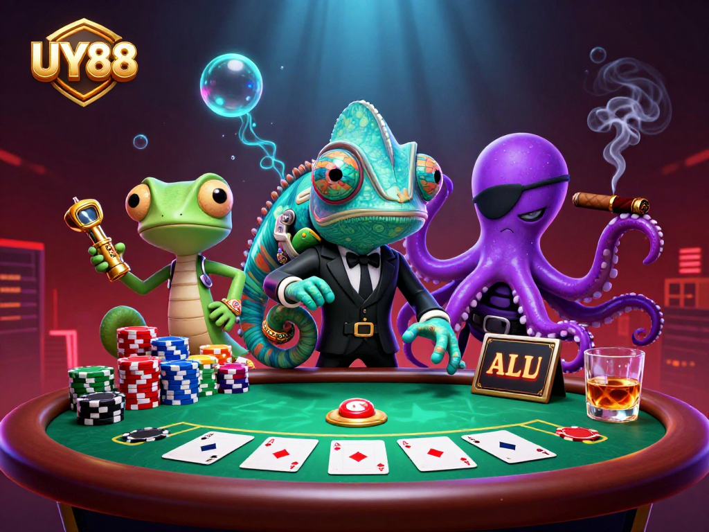 Engage with UY88's thrilling casino atmosphere, showcasing vibrant poker dynamics and captivating characters.