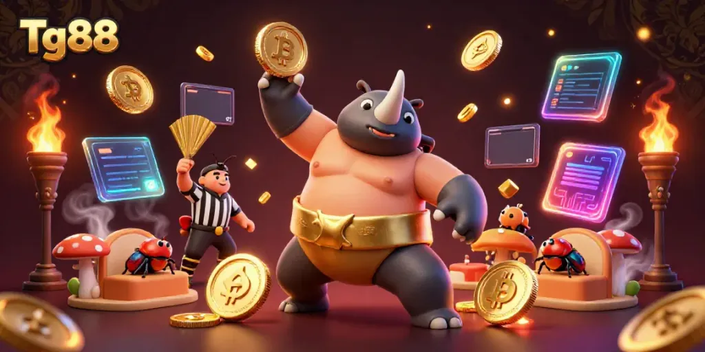 Tg88 captivates with a dynamic casino scene featuring a beetle sumo champion amidst flying golden coins and crypto elements.