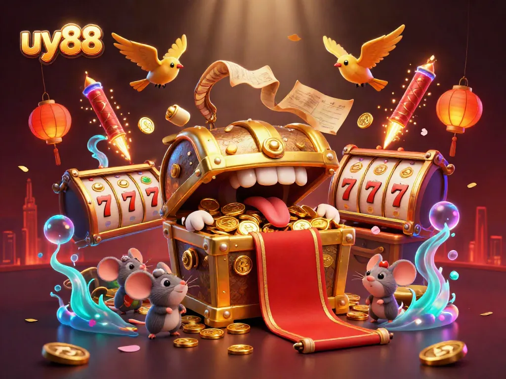 Engage in excitement at uy88's vibrant casino scene featuring treasure chests and golden rewards.