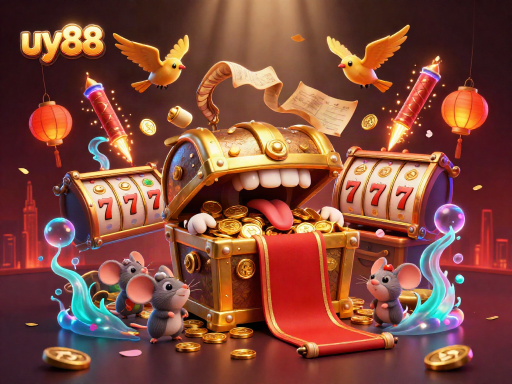 Engage in excitement at uy88's vibrant casino scene featuring treasure chests and golden rewards.