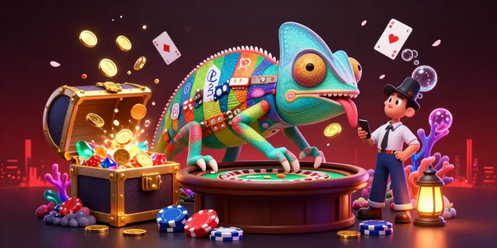 Engage with luck8's vibrant 3D chameleon casino owner amidst floating games and treasures.
