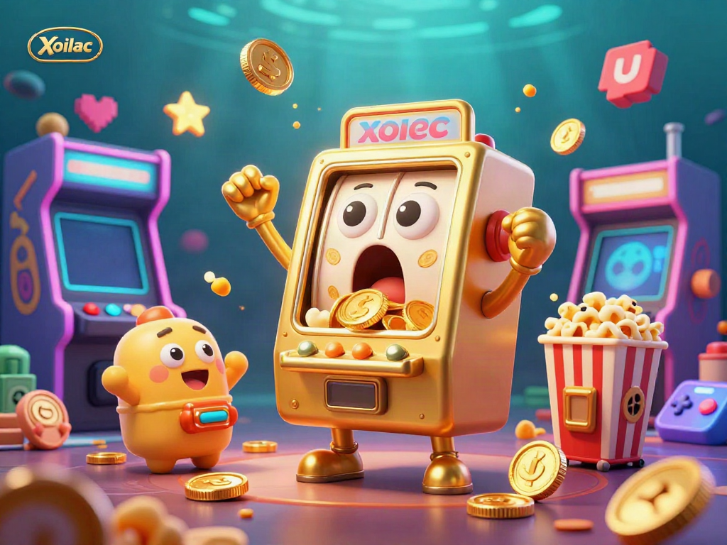 Xoilac slot machines celebrate a jackpot with glowing coins and arcade elements in a dynamic digital illustration.