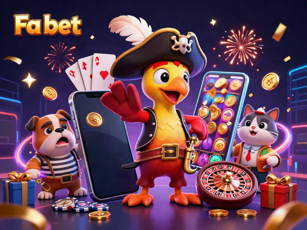 Engage with Fa bet's vibrant gaming universe featuring a pirate captain parrot and stunning casino elements.
