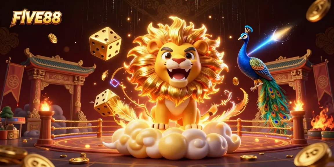 Experience the thrill of FIVE88 with a vibrant 3D illustration depicting a lion and dice surrounded by casino elements.