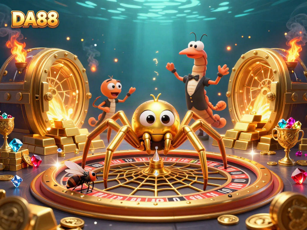 Experience the thrilling atmosphere of DA88 as a spider spins a roulette web while a fly bets nervously.