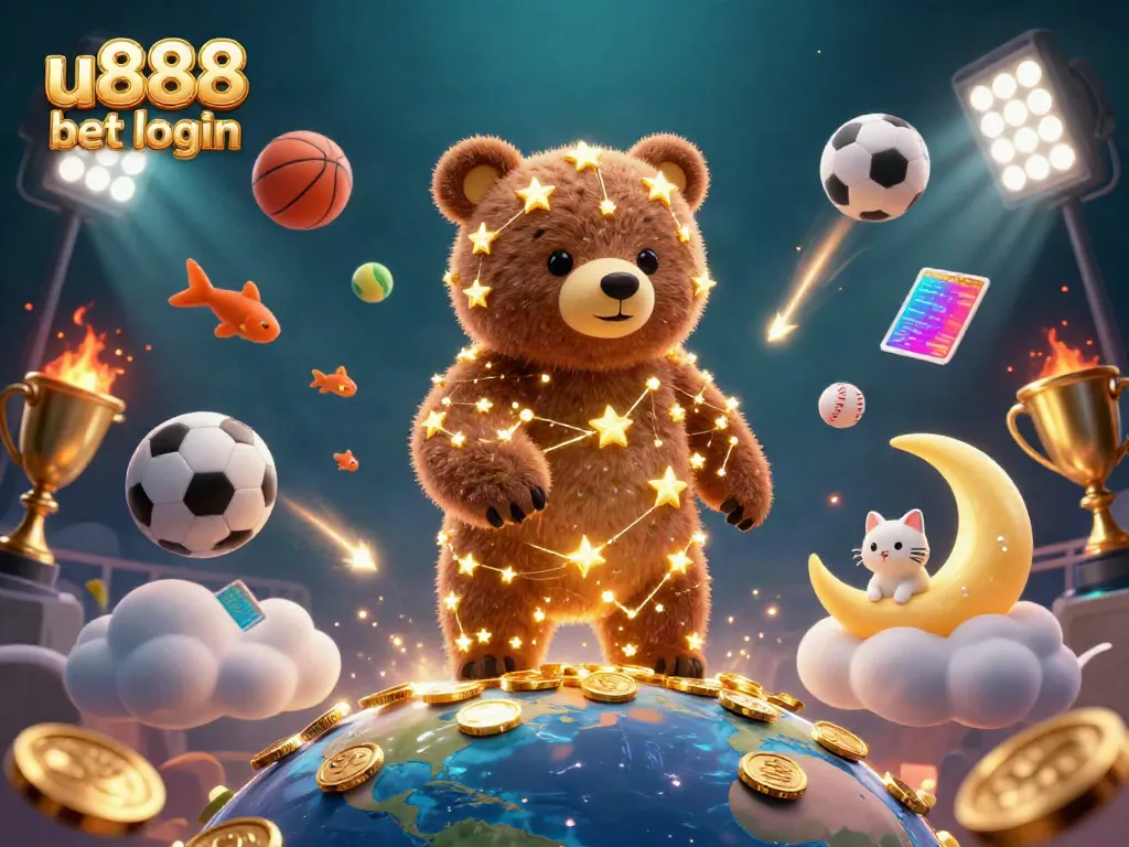 Engage with u888 bet login by exploring a vibrant casino scene filled with sports elements and golden rewards.