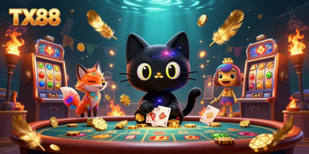 Experience the vibrant atmosphere of TX88 with cosmic characters and casino games in action.