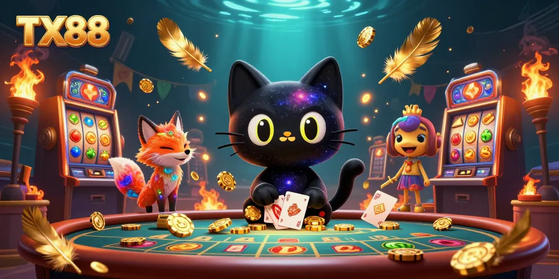 Experience the vibrant atmosphere of TX88 with cosmic characters and casino games in action.