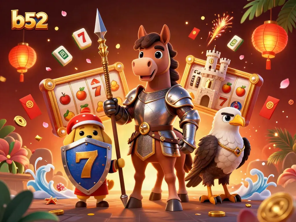 B52 online casino themed illustration with knights and gaming elements in a vibrant scene