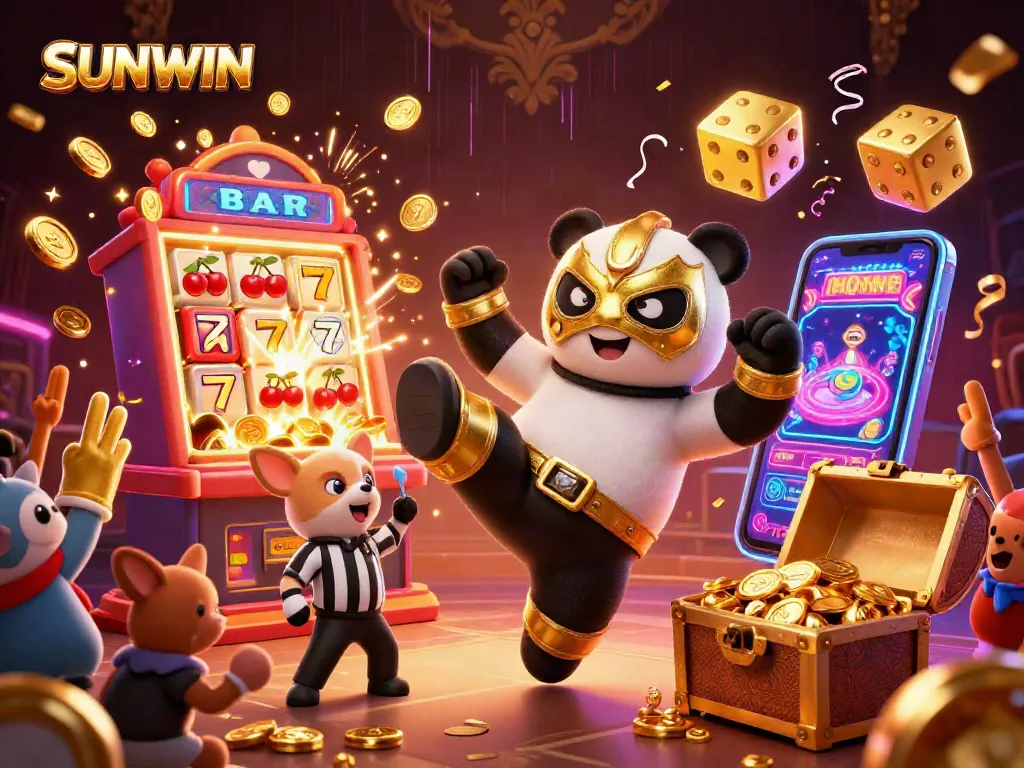 SUNWIN attracts players by showcasing a panda wrestler in action amid a vibrant casino scene filled with jackpots and lively animations.