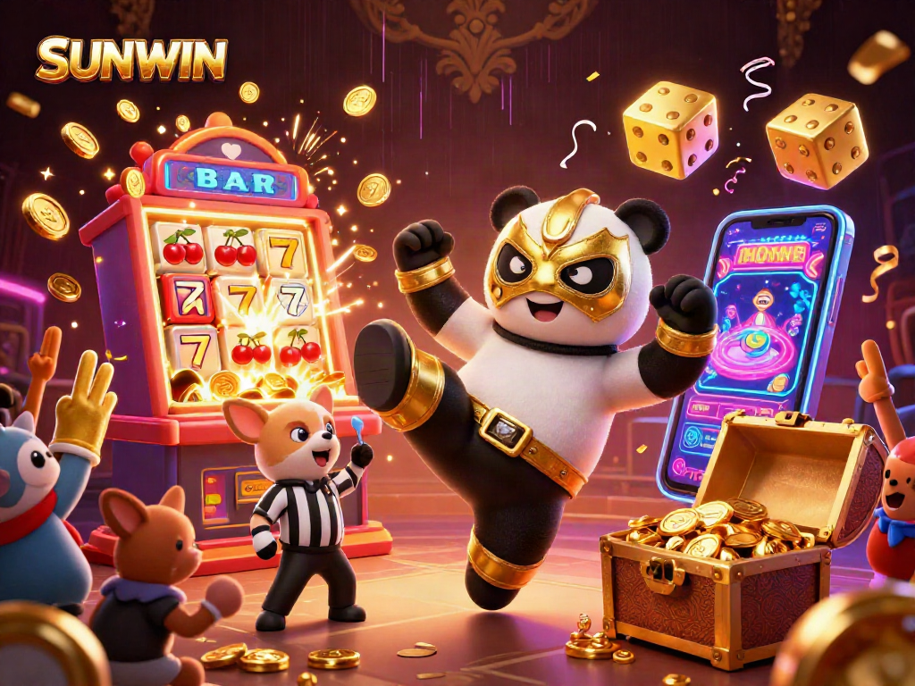 SUNWIN attracts players by showcasing a panda wrestler in action amid a vibrant casino scene filled with jackpots and lively animations.