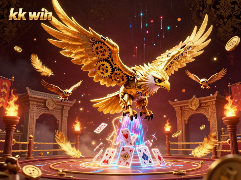 Experience high-stakes action with kk win in this vibrant 3D casino scene featuring a golden eagle and holographic cards.