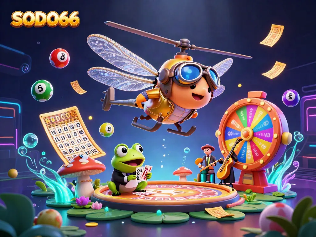 SODO66 casino illustration showing vibrant dragonfly pilot, frog croupier, and jazz cricket musicians amidst a lively casino setting.