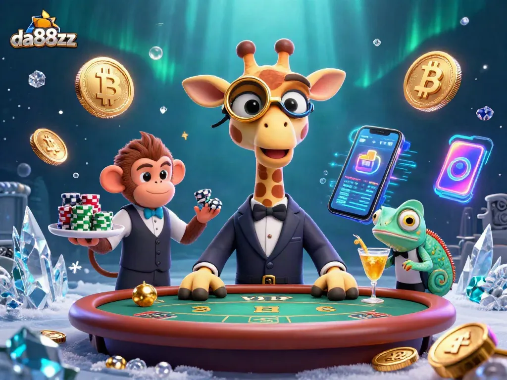 Elevate your gaming with da88zz’s VIP experience featuring high-roller giraffe, poker table, and crypto elements.