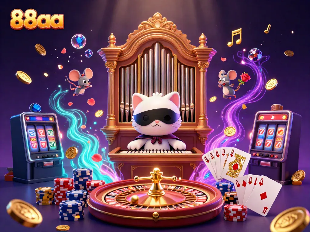 Experience thrilling gameplay with 88aa, where the phantom cat and mouse perform amidst floating gems and musical notes.