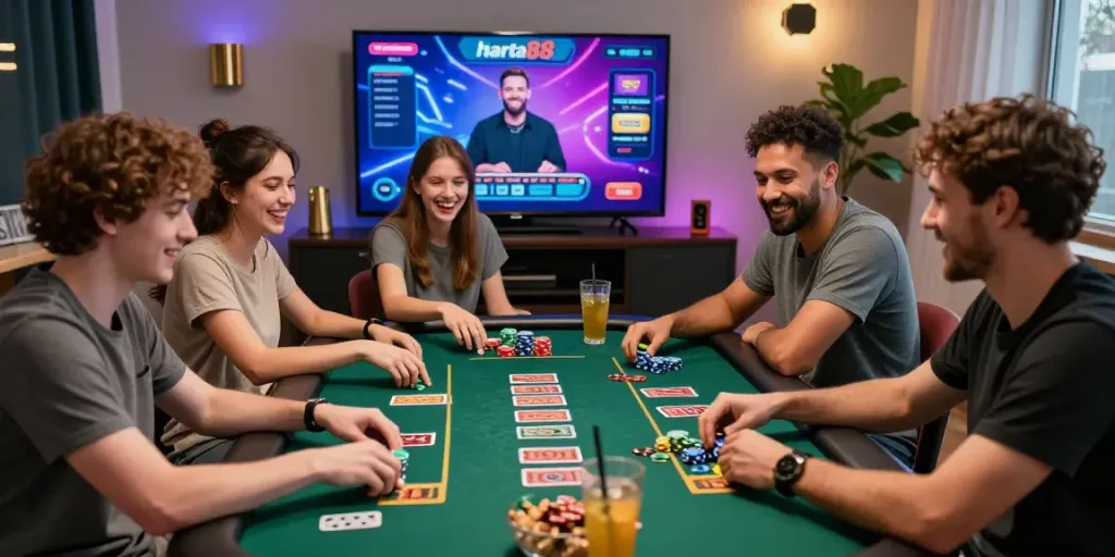 Exciting gaming atmosphere featuring friends enjoying harta88 platform with chips and cards.