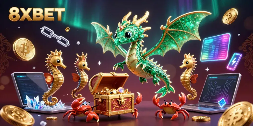 Engage with thrilling 8XBET experiences featuring a treasure-filled scene with vibrant sea creatures and cryptocurrency elements.