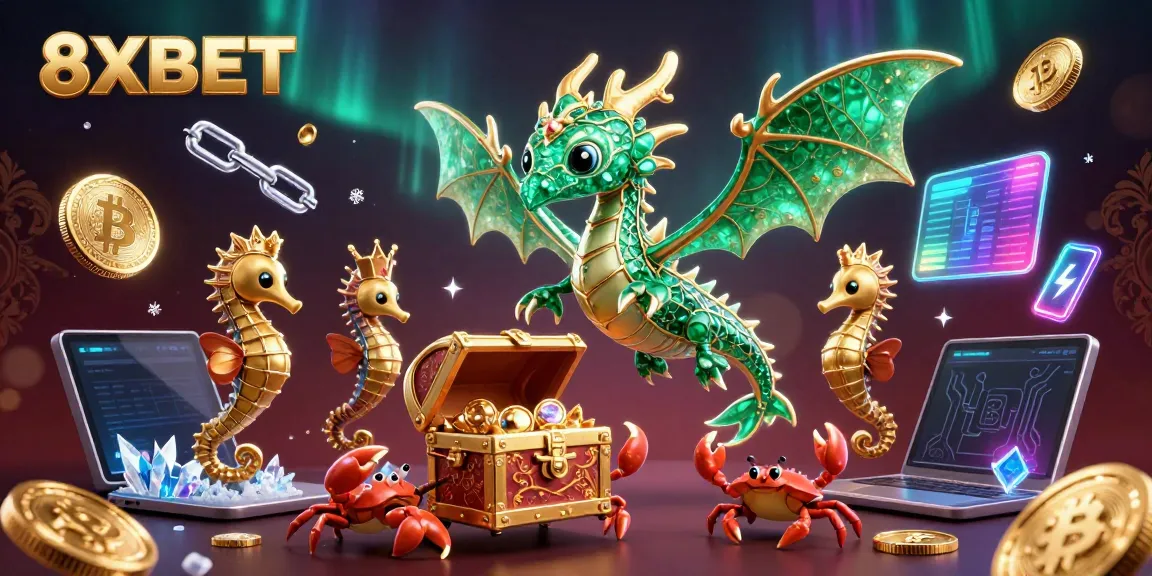 Engage with thrilling 8XBET experiences featuring a treasure-filled scene with vibrant sea creatures and cryptocurrency elements.