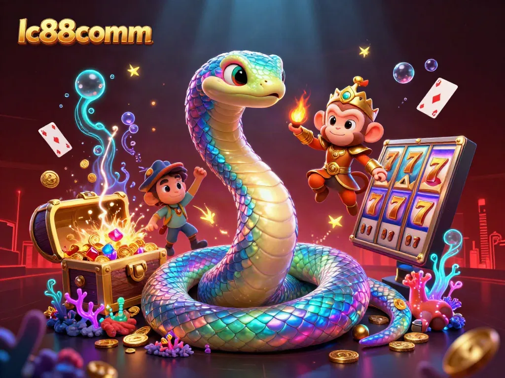 Experience the thrilling action at lc88comm with a vibrant 3D scene showcasing winning slots and lively characters.
