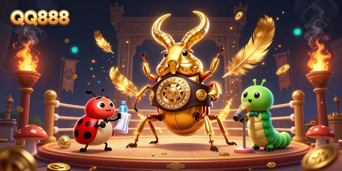 Engage in thrilling gameplay with QQ888 featuring a golden stag beetle in a vibrant boxing arena.