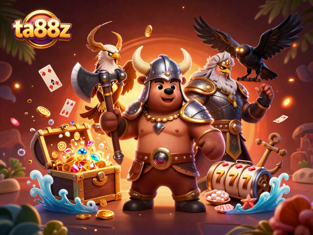 Witness the exciting ta88z casino with a Viking berserker bear, Valkyrie eagle, and game elements in a dazzling scene.