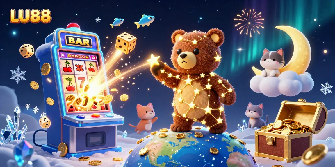 LU88 players enjoy thrilling slot games amid a starry sky filled with radiant jackpots and gold coins.