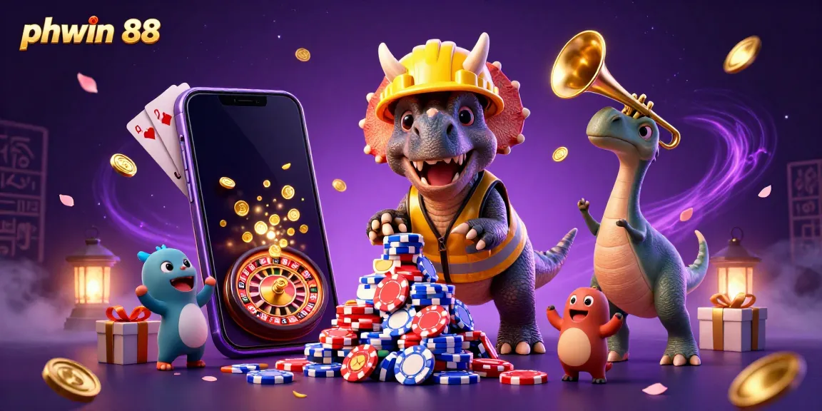 Experience the excitement of phwin 88 with cartoon dinosaurs creating poker chip pyramids amidst vibrant casino elements.