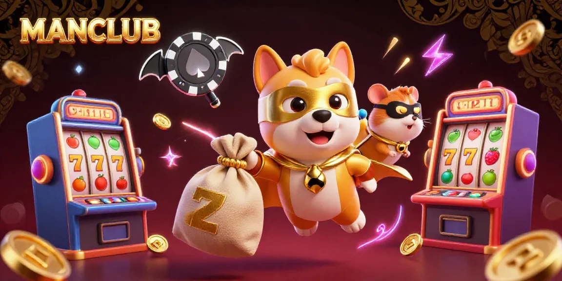 Engage in thrilling gameplay with MANCLUB, featuring a superhero dog and hamster amidst vibrant slot machines