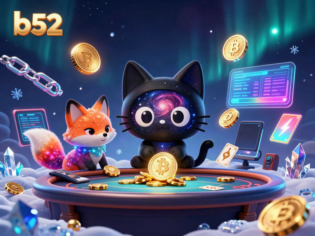 B52 casino illustration with whimsical black hole cat, colorful nebula fox, and crypto elements attracting gamers.