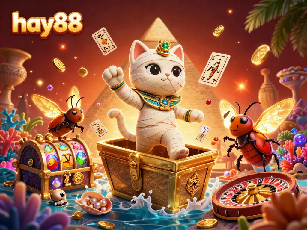 Engage with hay88's vibrant casino atmosphere featuring a mummy cat, golden treasures, and exciting games.