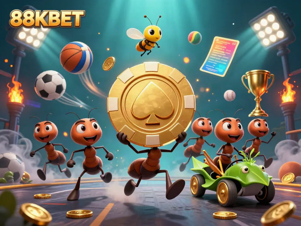 88KBET showcases a fun, cartoon-style heist with animated ants and engaging casino elements.