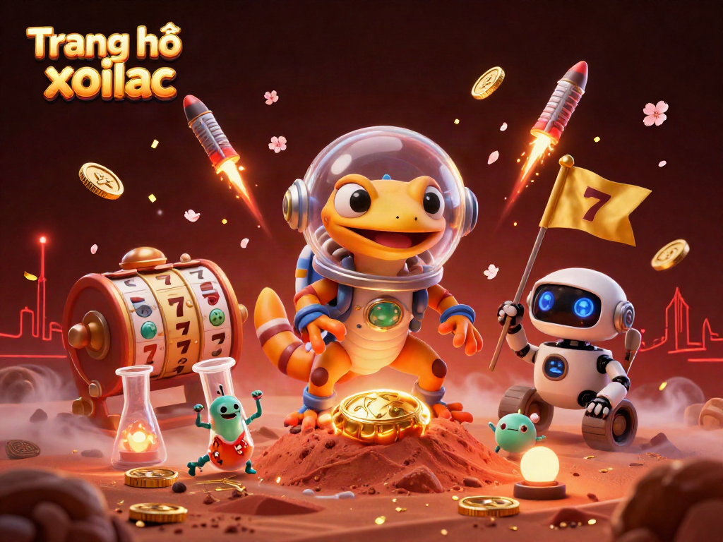 A Martian gecko and rover celebrating at a golden casino on Mars, showcasing 'Trang chủ xoilac' elements.