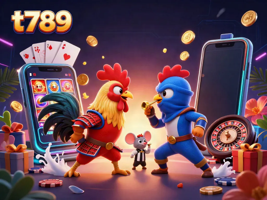 Engage with t789's thrilling betting action featuring samurai and ninja roosters in a colorful casino battle scene.