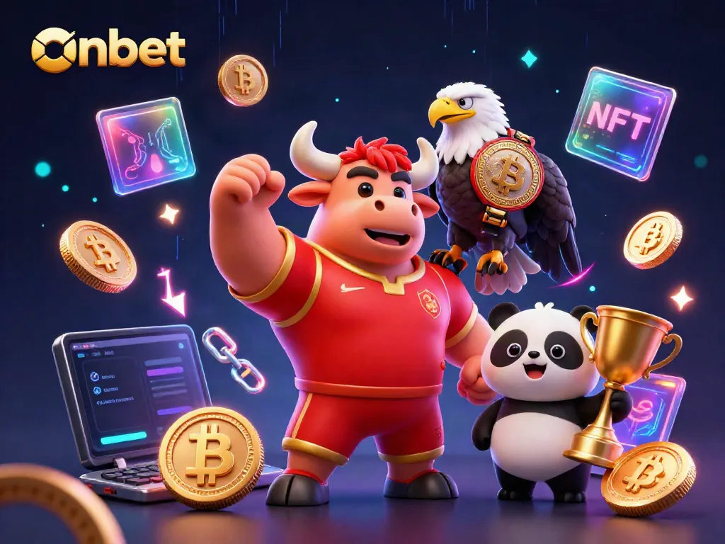 Engage in winning strategies at onbet with a dynamic casino-themed 3D illustration featuring vibrant characters and crypto elements.
