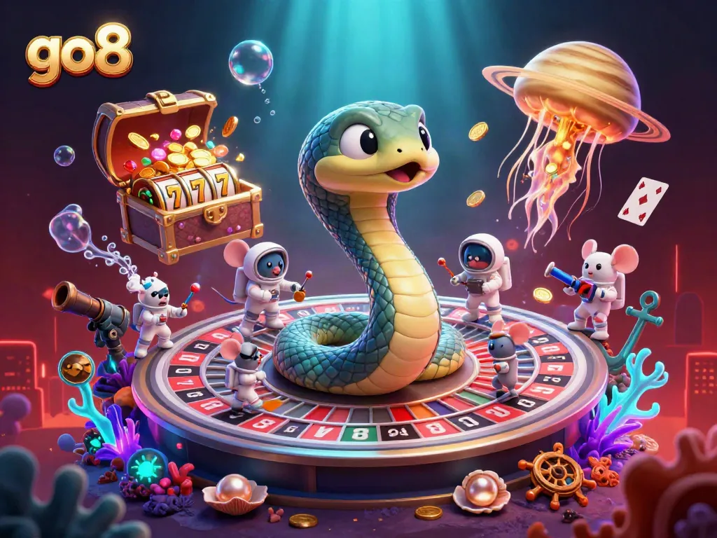 Engage with go8's vibrant casino scene featuring a roulette wheel and betting mice, overflowing with treasures.