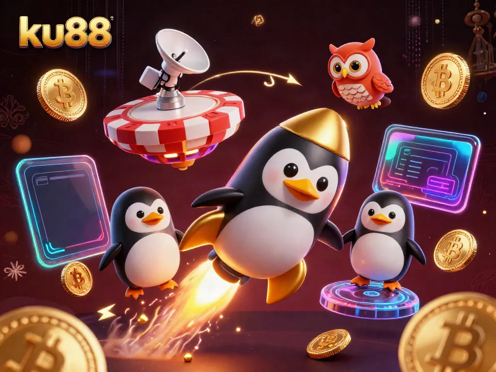 Capture the excitement of ku88 with a golden penguin soaring to a casino space station amidst glowing crypto elements.