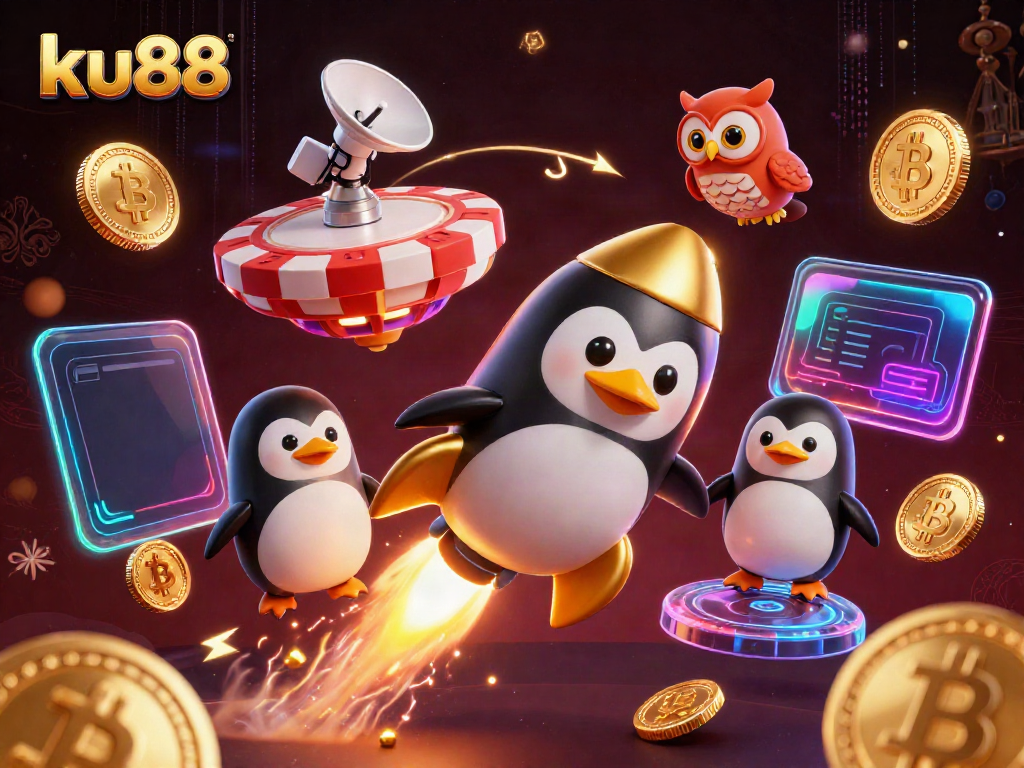Capture the excitement of ku88 with a golden penguin soaring to a casino space station amidst glowing crypto elements.