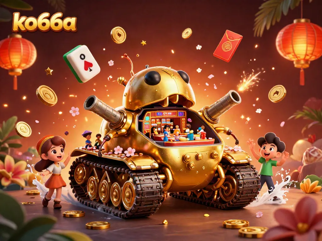 Experience the excitement of ko66a with a vibrant 3D casino scene featuring a golden beetle tank and dynamic game elements.